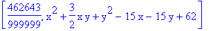 [462643/999999, x^2+3/2*x*y+y^2-15*x-15*y+62]